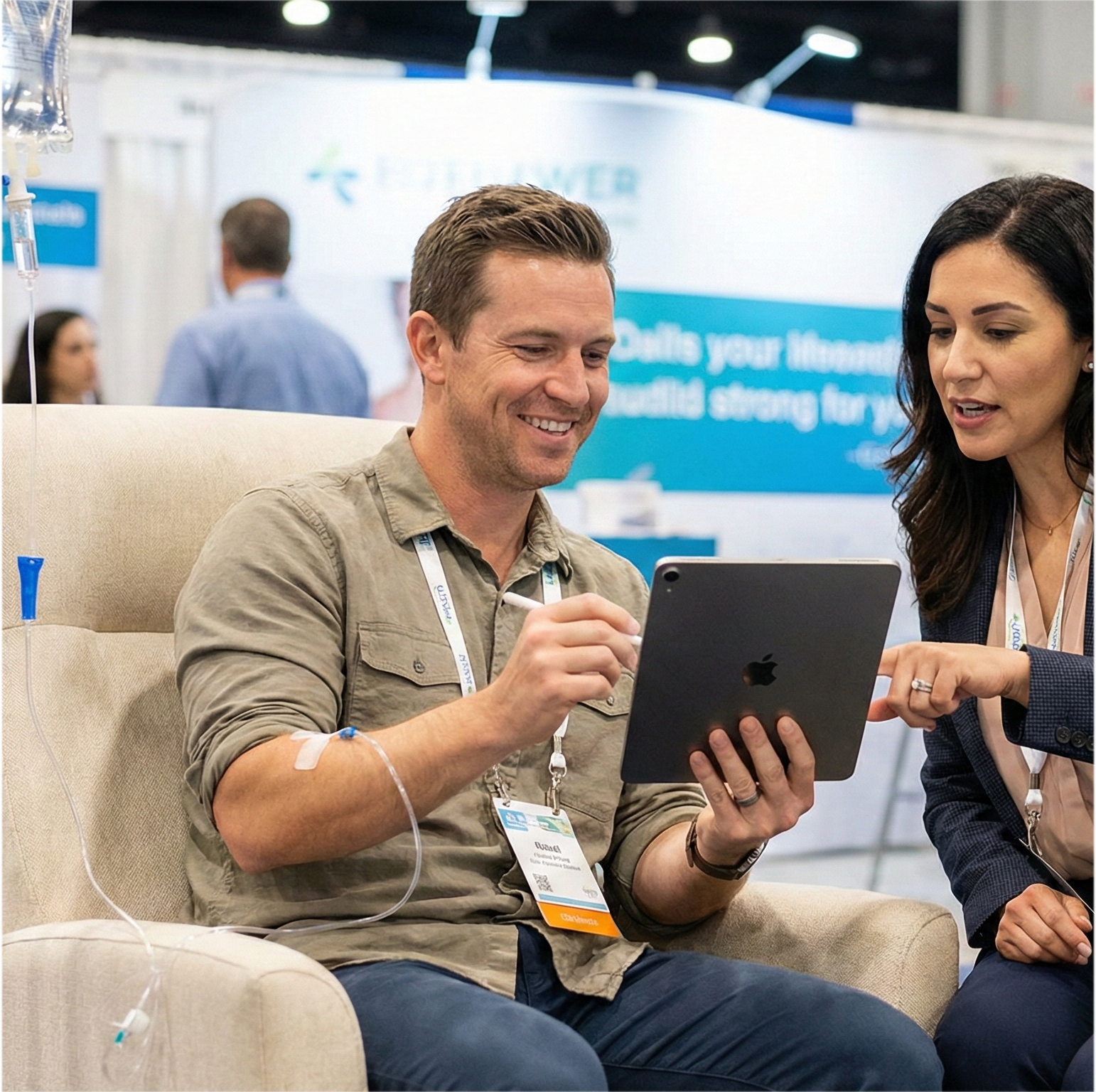Close-up of personalized IV therapy engagement at event